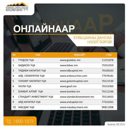 1072 хувьцааны дансыг онлайнаар дараах 11 брокерын компани нээж байна